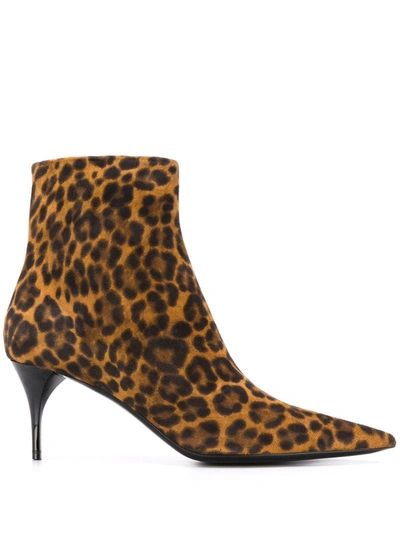 Saint Laurent Lexi Point-toe Leopard-print Suede Ankle Boots In Brown