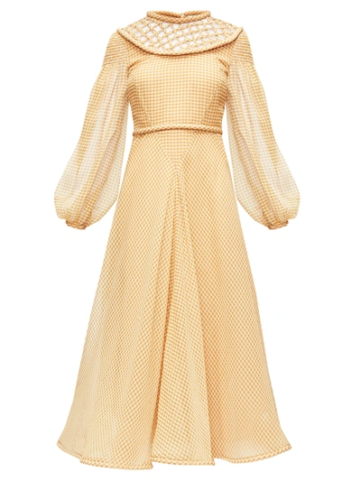 Fendi Lattice-panel Gingham Silk-organza Dress In Beige,brown