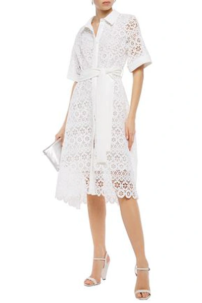 Maje Ralfa Belted Crepe-trimmed Guipure Lace Midi Shirt Dress In White