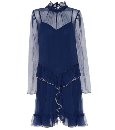 See By Chloé Metallic-trimmed Ruffled Silk-georgette Mini Dress In Blue