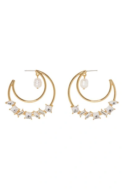 Vince Camuto Statement Post Hoop Earrings In Crystal Stones With 10mm Freshwater Pearl In Gold/crystal/ivory Pearl