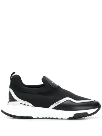 Ferragamo Leather And Fabric Slip-on Sneakers In Black,silver
