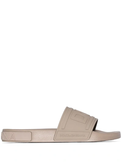 Dolce & Gabbana Embossed Dg Logo Rubber Beachwear Slides In Brown