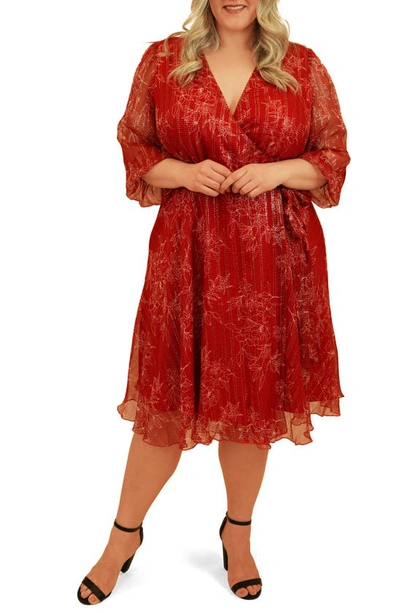 Maree Pour Toi Plus Size Metallic Silk Wrap Dress In Red