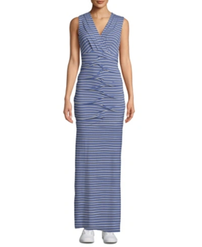 Nicole Miller Pleated Twist-front Striped Dress In Blue Multi