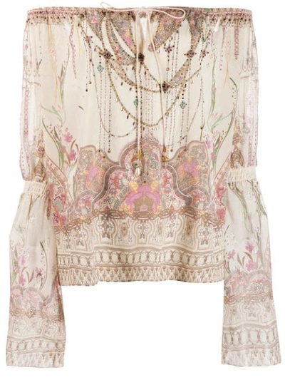 Camilla Golden Age Off-the-shoulder Embellished Silk Blouse In Neutrals