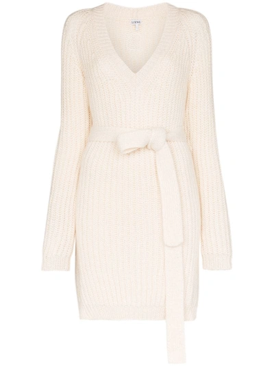 Loewe Belted Ribbed Knit Jumper In White