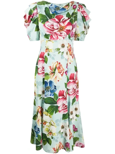 Dolce & Gabbana Floral Print Fitted Midi Dress In Hc1am Blue Floral