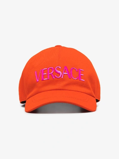 Versace Logo-embroidered Baseball Cap In Orange