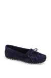 Minnetonka Kilty Suede Driving Shoe In Navy