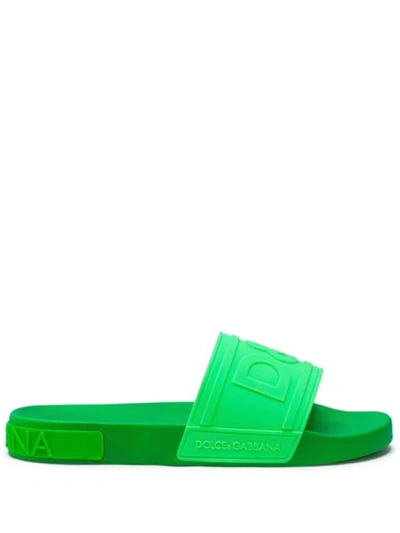 Dolce & Gabbana Rubber Beachwear Sliders With D&g Logo In Green