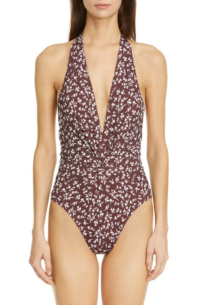 Ganni Recycled Fabric One-piece Swimsuit In Decadent Chocolate 927