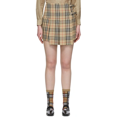 Burberry Pleated Checked Wool Mini Skirt In Archive Beige Ip Chk