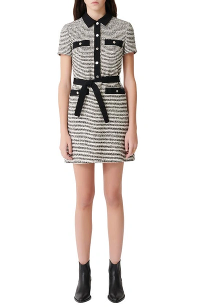 Maje Renala Short Sleeve Tweed Cotton Blend Dress In Black/white