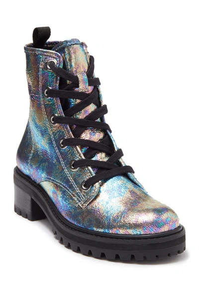 Schutz Stormy Holographic Leather Lace-up Boot In Pixel Oil Prata