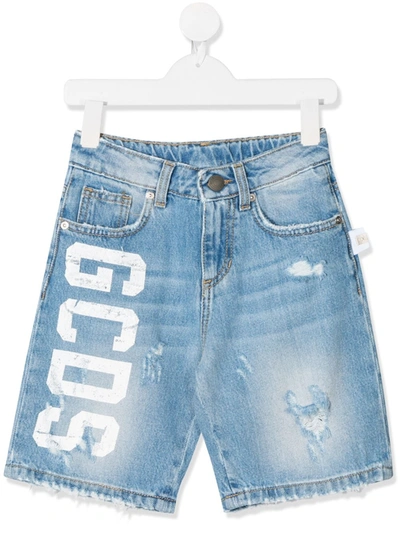 Gcds Teen Distressed Logo Denim Shorts In Blue