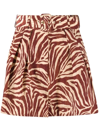 Zimmermann Belted Zebra-print Silk Crepe De Chine Shorts In Neutrals