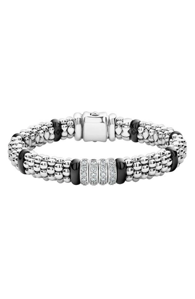 Lagos Black Caviar 4-diamond Station Bracelet In Silver/ Black Ceramic/ Diamond