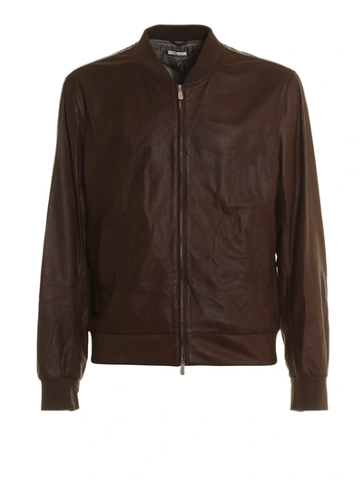 Brunello Cucinelli Vintage Leather Bomber Jacket In Dark Brown