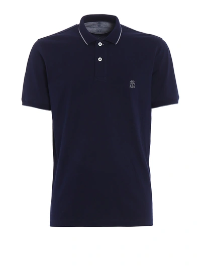 Brunello Cucinelli Embroidered Logo Jersey Polo Shirt In Dark Blue