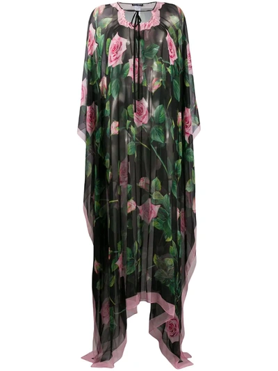 Dolce & Gabbana Tropical Rose Print Silk Long Kaftan In Black