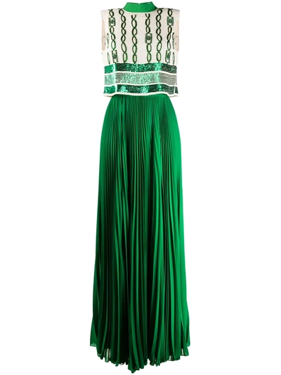 Elisabetta Franchi Chain Logo Print Pleated Maxi Dress In Green
