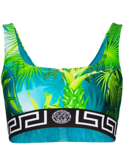 Versace Jacquard-trimmed Printed Stretch-jersey Sports Bra In Green