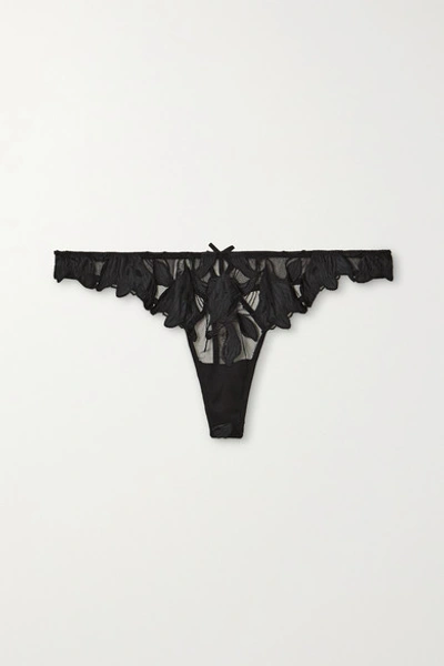 Fleur Du Mal Lily Satin-trimmed Embroidered Stretch-tulle Thong In Black