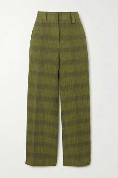 Acne Studios Checked Linen-blend Straight-leg Trousers In Green