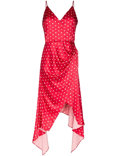Haney Olivia Asymmetric Wrap-effect Polka-dot Satin Dress In Red