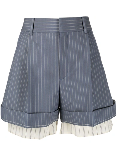 Chloé Layered Pinstriped Grain De Poudre Wool And Silk Shorts In Stormy Blue