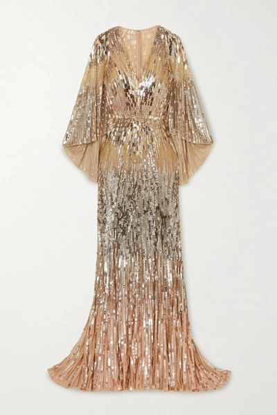 Jenny Packham Hennie Cape-effect Embellished Tulle Gown In Gold