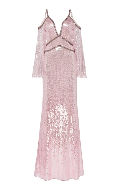 Jenny Packham Lea Cold-shoulder Crystal-embellished Sequined Tulle Gown In Pastel Pink