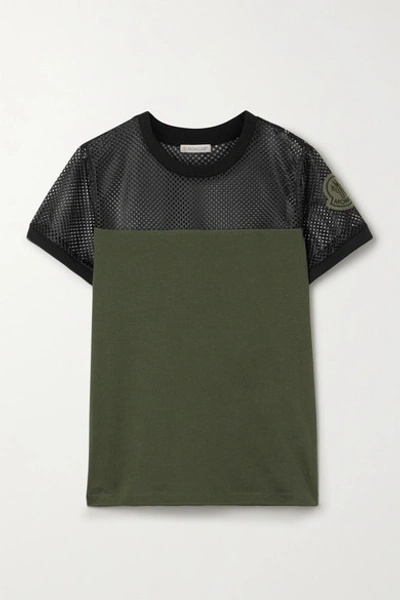 Moncler Appliquéd Mesh And Cotton-jersey T-shirt In Army Green