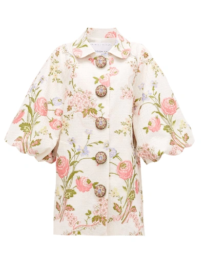 Andrew Gn Bubble-sleeve Floral-jacquard Opera Coat In White Multi