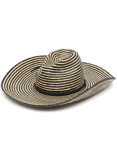 Saint Laurent Leather-trimmed Striped Straw Panama Hat In Beige