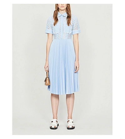 Claudie Pierlot Broderie Anglaise Pleated Cotton Midi Dress In Bleuciel