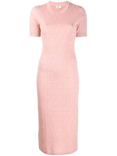 Fendi Ff Logo Jacquard Cotton Blend Sweater Dress In Pink | ModeSens