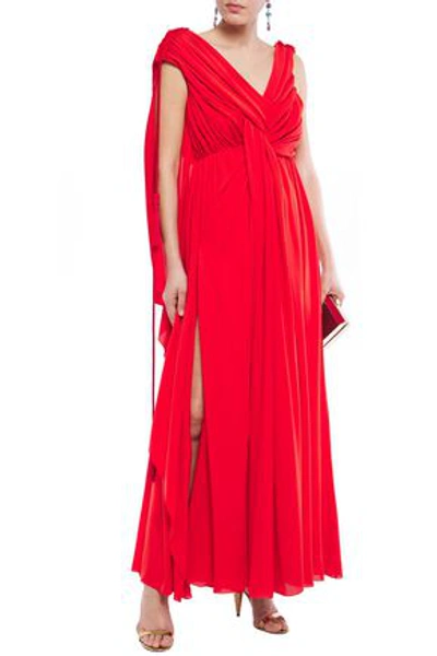 Lanvin Ruched Draped Silk-crepe Gown In Tomato Red