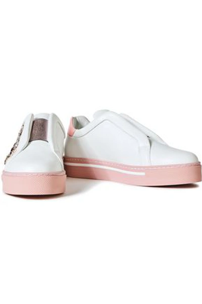 René Caovilla Triana Crystal-embellished Satin-trimmed Leather Trainers In White