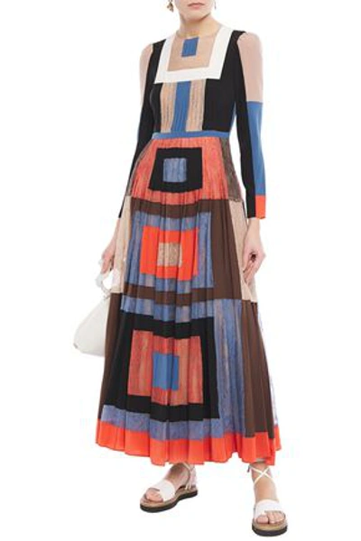 Valentino Color-block Silk Crepe De Chine And Lace Maxi Dress In Multicolor