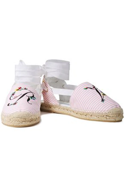 Roger Vivier Embroidered Striped Canvas Espadrilles In Baby Pink