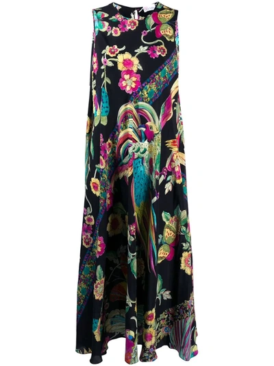 Red Valentino Birds Of Paradise Silk Dress In Nero