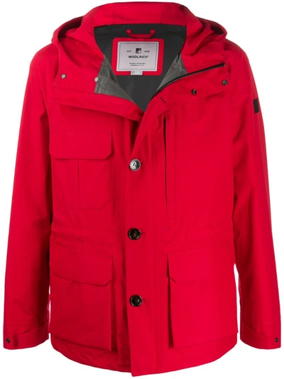 Woolrich Buttoned-up Hooded Windbreaker In Red