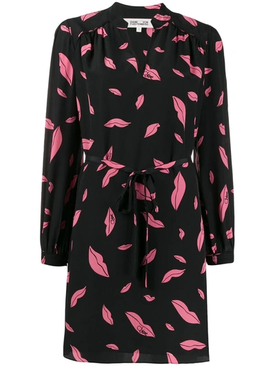 Diane Von Furstenberg Glenda Belted Printed Silk Crepe De Chine Mini Dress In Black