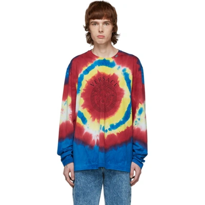 Versace Logo And Tie-dye Print Long Sleeves T-shirt In Blue