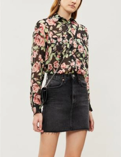 The Kooples Silk Shirt With Neon Rose Print In Black/pink
