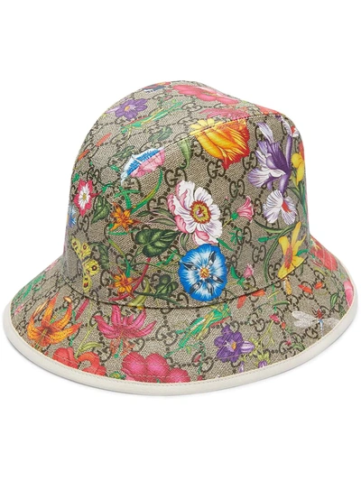 Gucci Leather-trimmed Printed Coated-canvas Bucket Hat In Beige Ebony/white