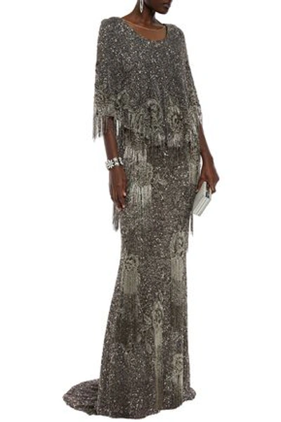 Marchesa Cape-effect Velvet-trimmed Embellished Tulle Gown In Gunmetal
