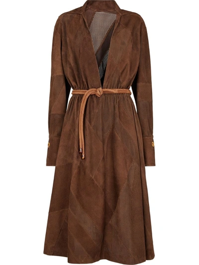 Fendi Belted Perforated-suede Dress In Brown